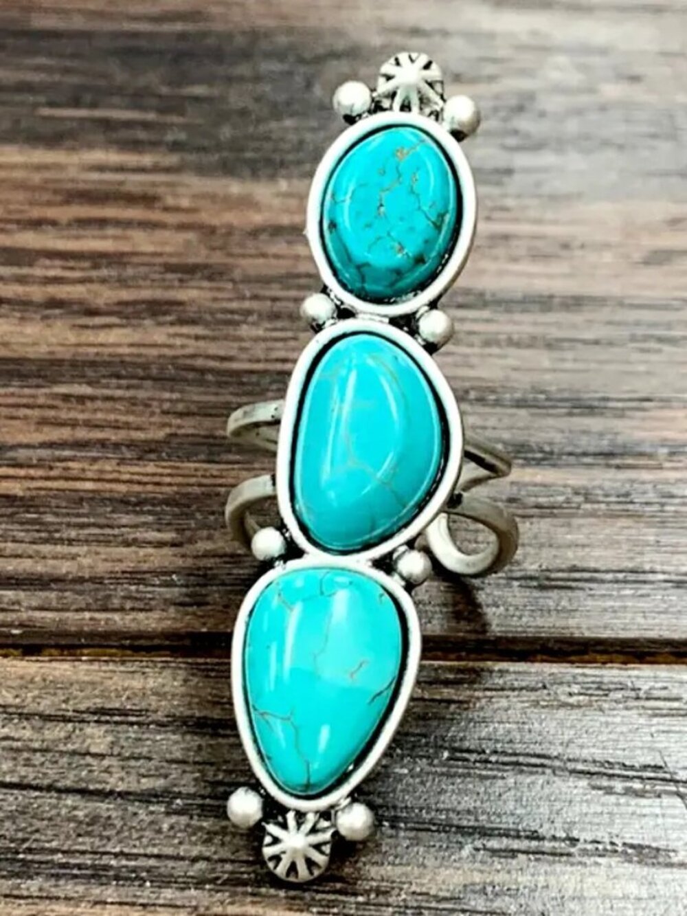 Western Turquoise Triple Stone Statement Ring Adjustable Boho Rodeo Ring